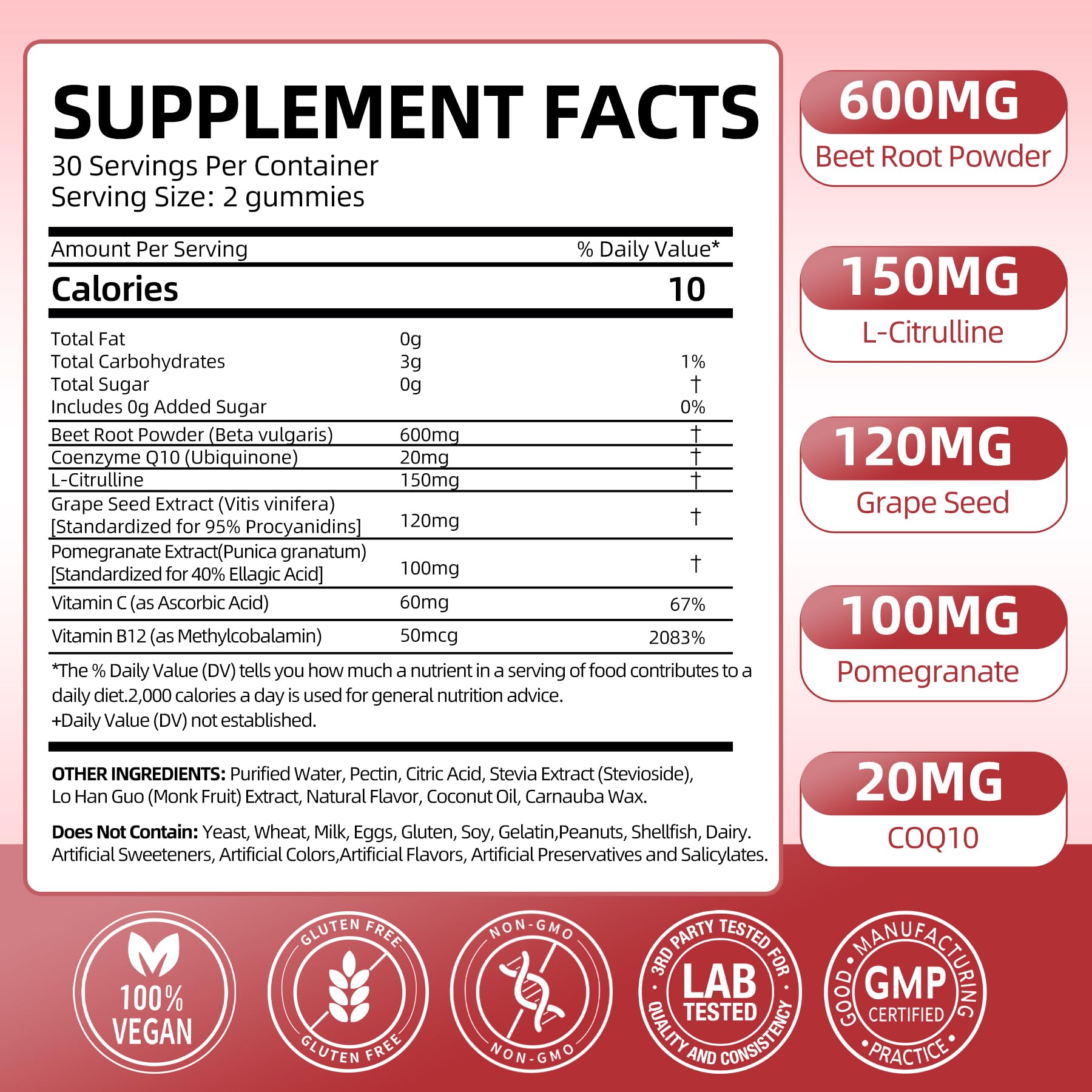 ELLAMENTZ Beet Root Gummies bottle back highlights ingredients and benefits.