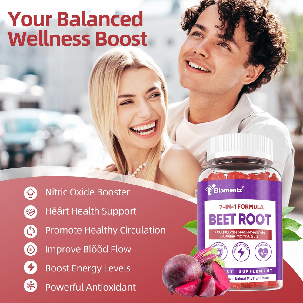 ELLAMENTZ Beet Root Gummies ingredients panel features L-Citrulline and CoQ10 for vitality.