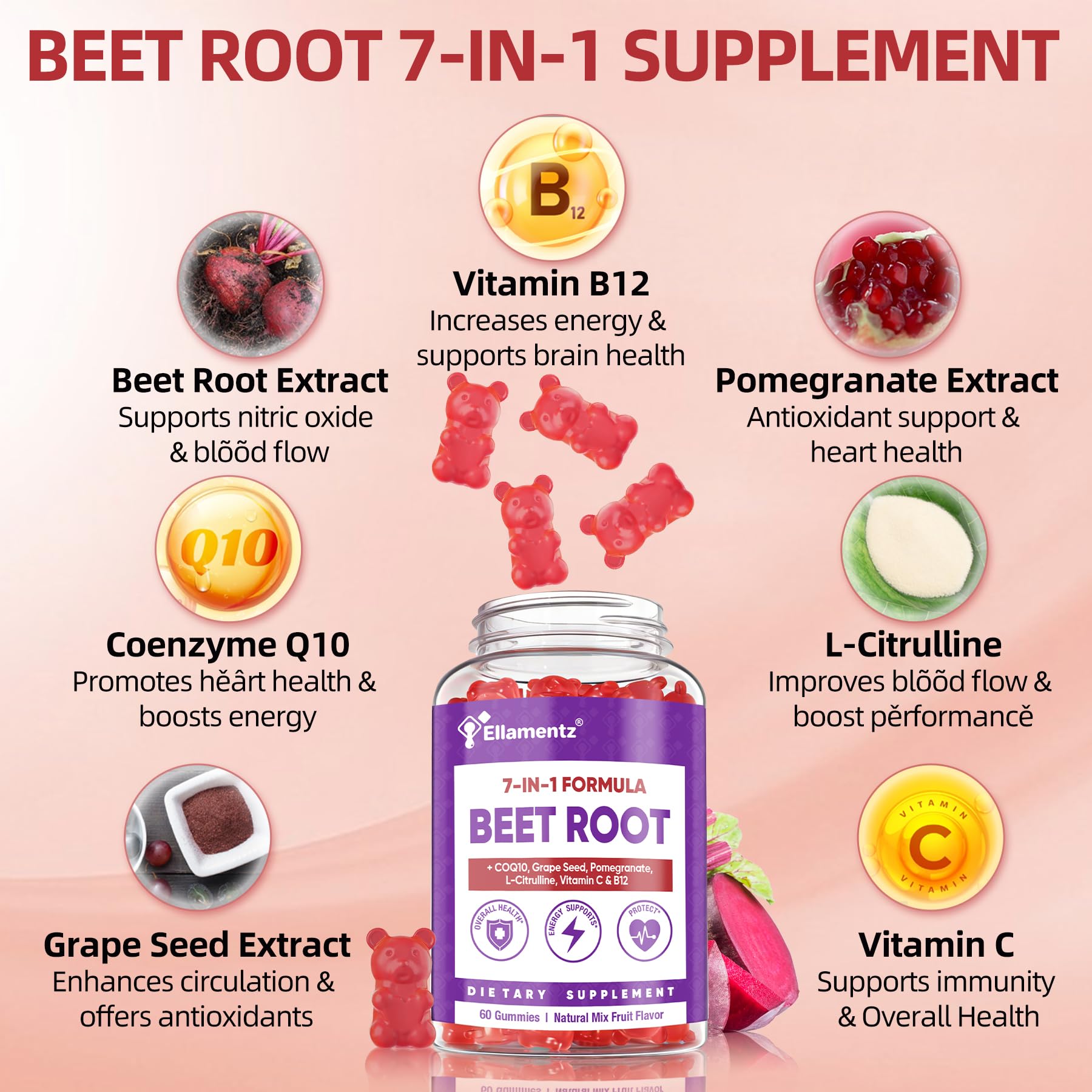 ELLAMENTZ Beet Root Gummies packaging box emphasizes vegan and allergen-friendly qualities.
