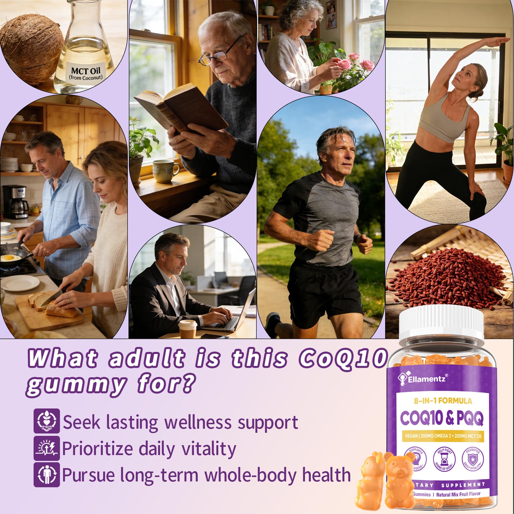 ELLAMENTZ CoQ10 Gummies bottle front with PQQ and Omega-3 icons.