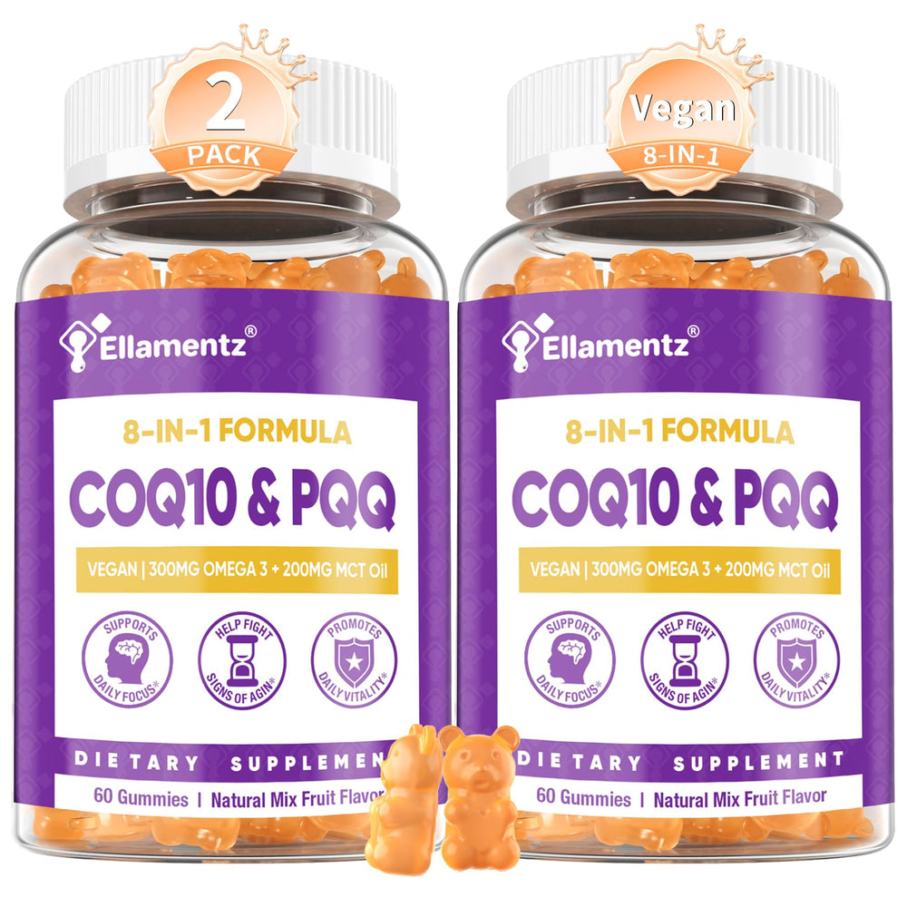 ELLAMENTZ CoQ10 Gummies bottle with 200mg dose for daily energy support.