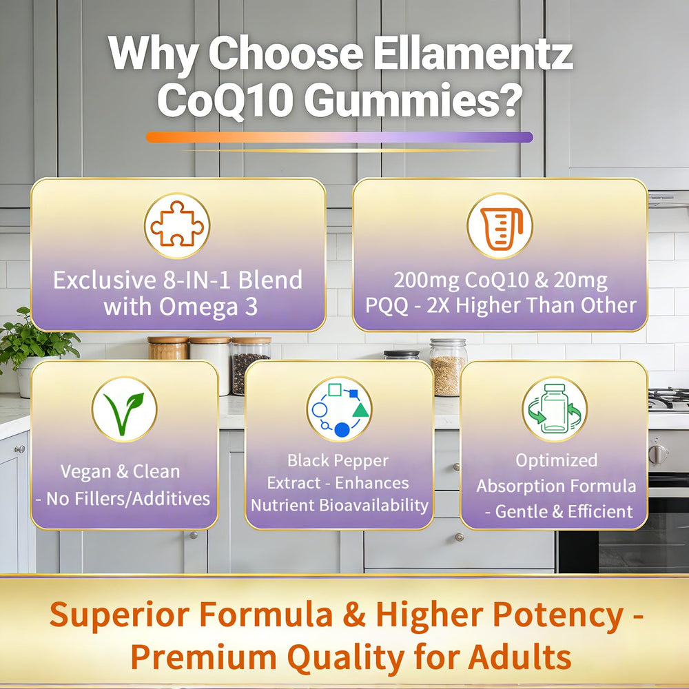 ELLAMENTZ CoQ10 Gummies ingredients panel emphasizing natural lipid support.