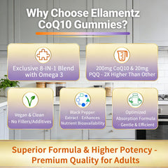 ELLAMENTZ CoQ10 Gummies ingredients panel emphasizing natural lipid support.