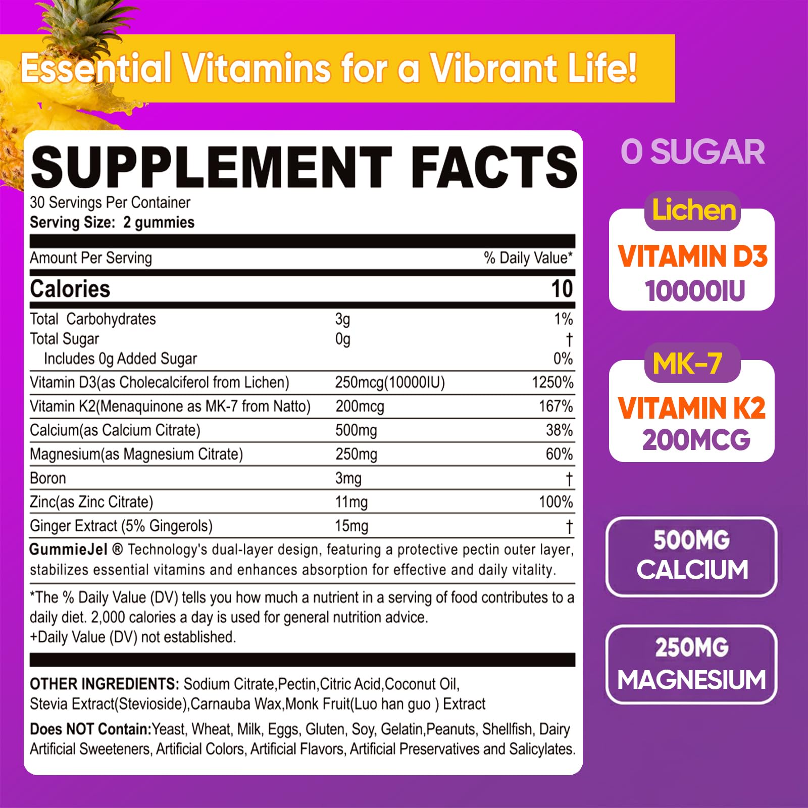 Closeup of ELLAMENTZ D3K2 gummies highlighting fast absorption and peach flavor