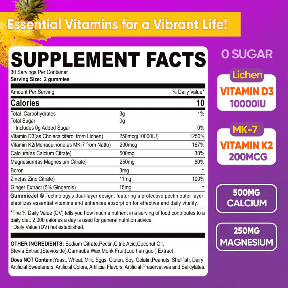Closeup of ELLAMENTZ D3K2 gummies highlighting fast absorption and peach flavor