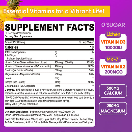 Closeup of ELLAMENTZ D3K2 gummies highlighting fast absorption and peach flavor