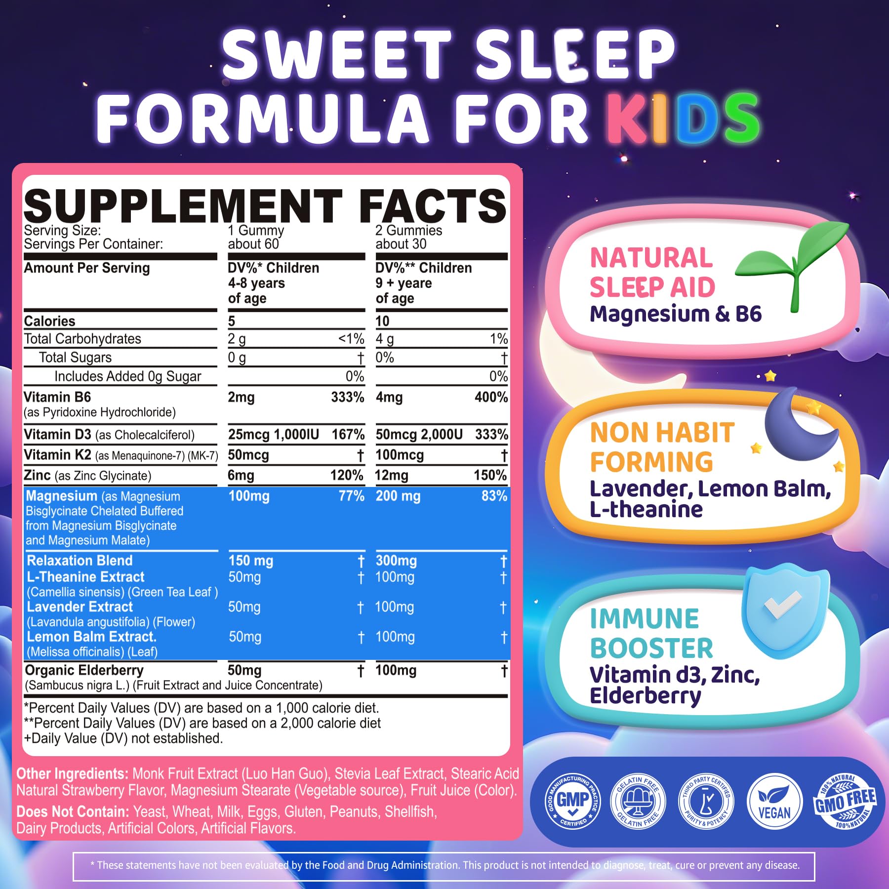 ELLAMENTZ Kids Sleep Gummies bottle back reveals ingredients like magnesium and L-theanine