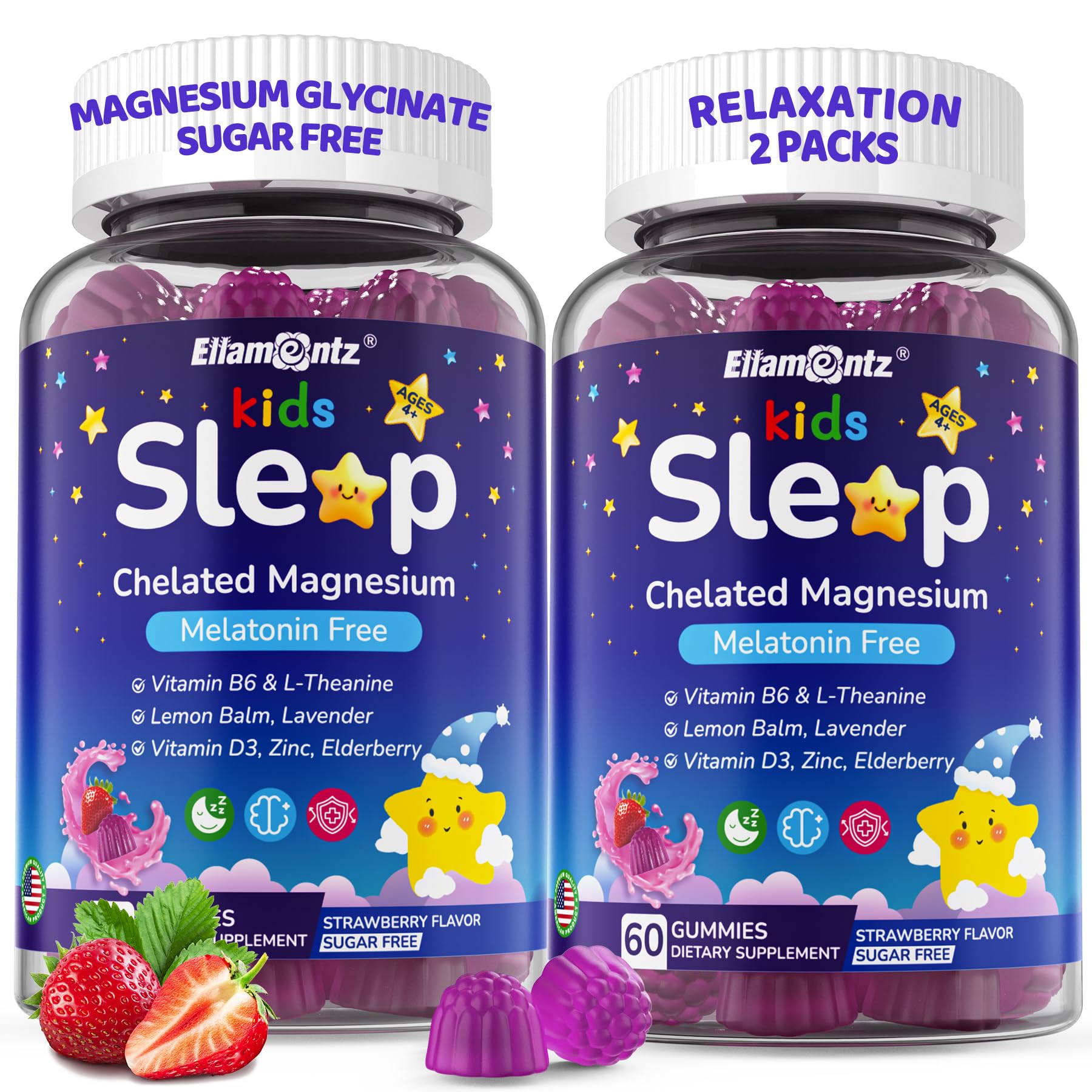 ELLAMENTZ Kids Sleep Gummies bottle front showing melatonin-free formula for gentle bedtime
