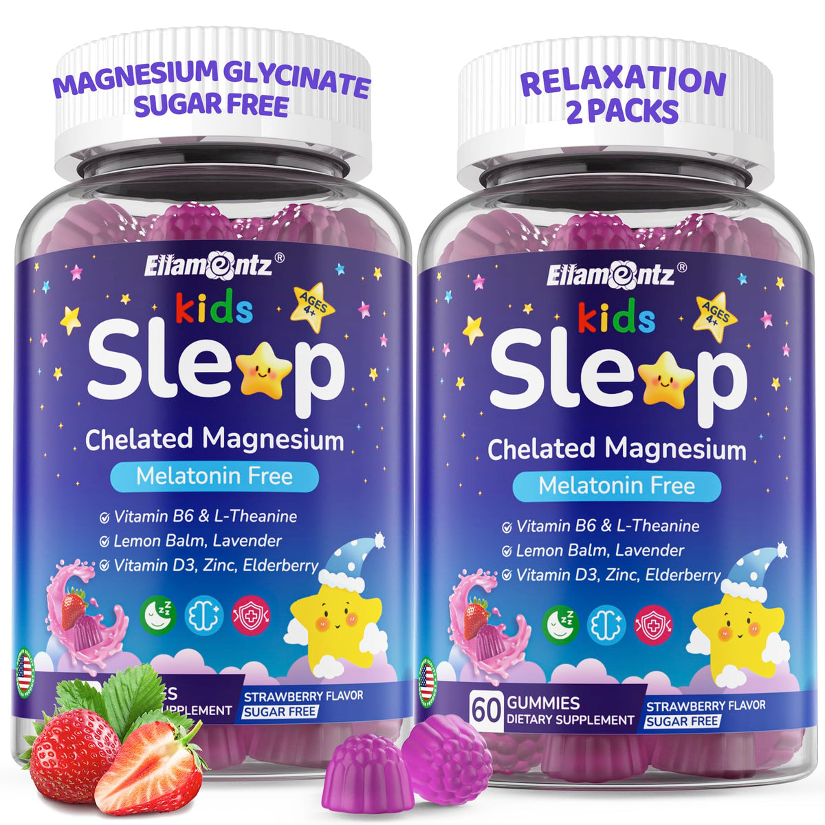 ELLAMENTZ Kids Sleep Gummies bottle front showing melatonin-free formula for gentle bedtime