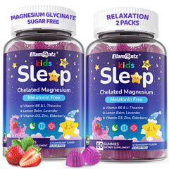 ELLAMENTZ Kids Sleep Gummies bottle front showing melatonin-free formula for gentle bedtime