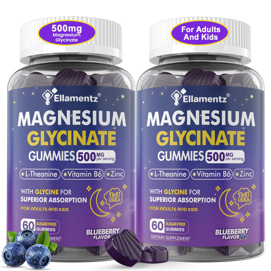 ELLAMENTZ Magnesium Glycinate Gummies blueberry bottle promoting calm and sleep.