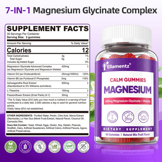 ELLAMENTZ Magnesium Glycinate Gummies bottle-back label highlights malate, Ashwagandha, D3 and B6