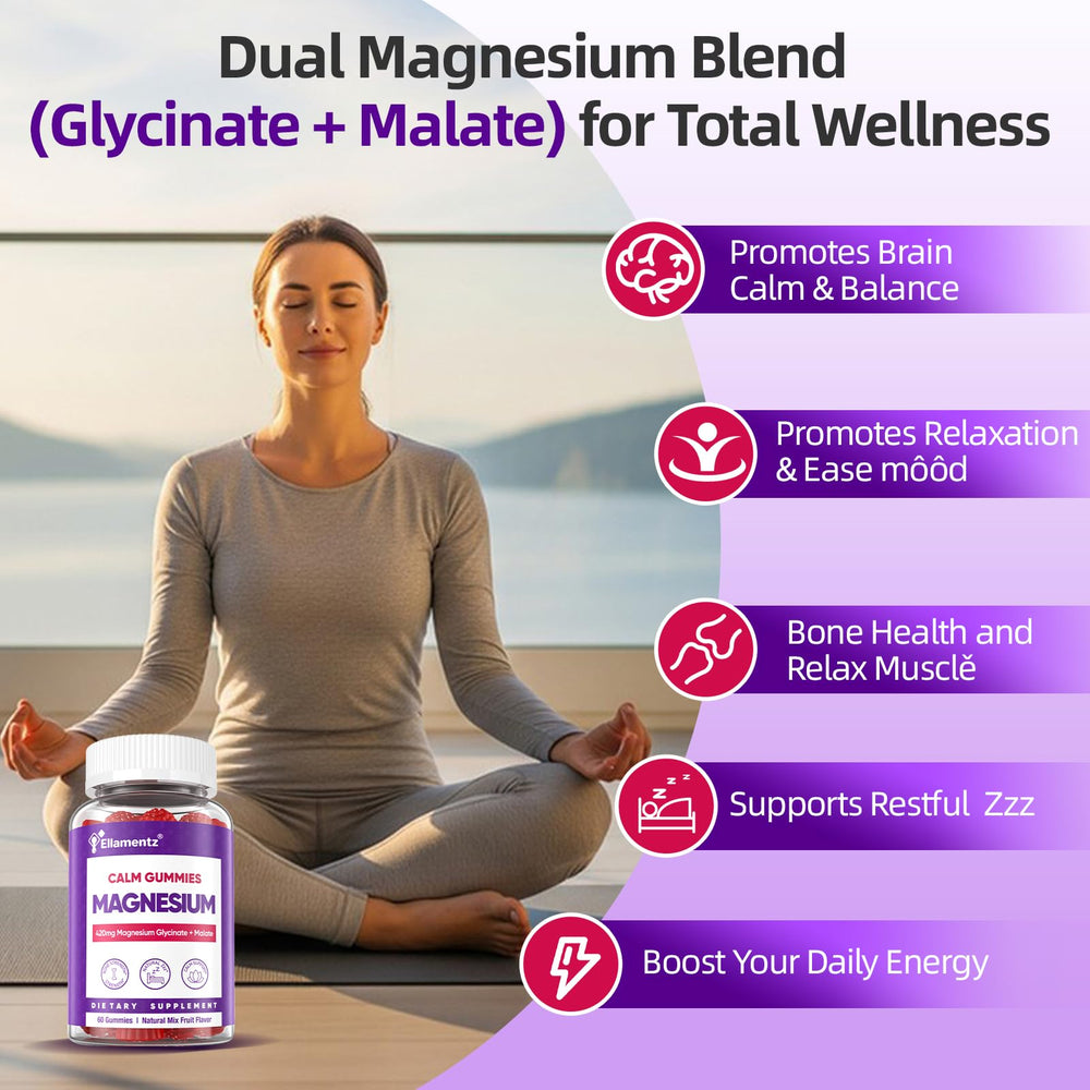 ELLAMENTZ Magnesium Glycinate Gummies closeup shows chewy texture for relaxed evenings