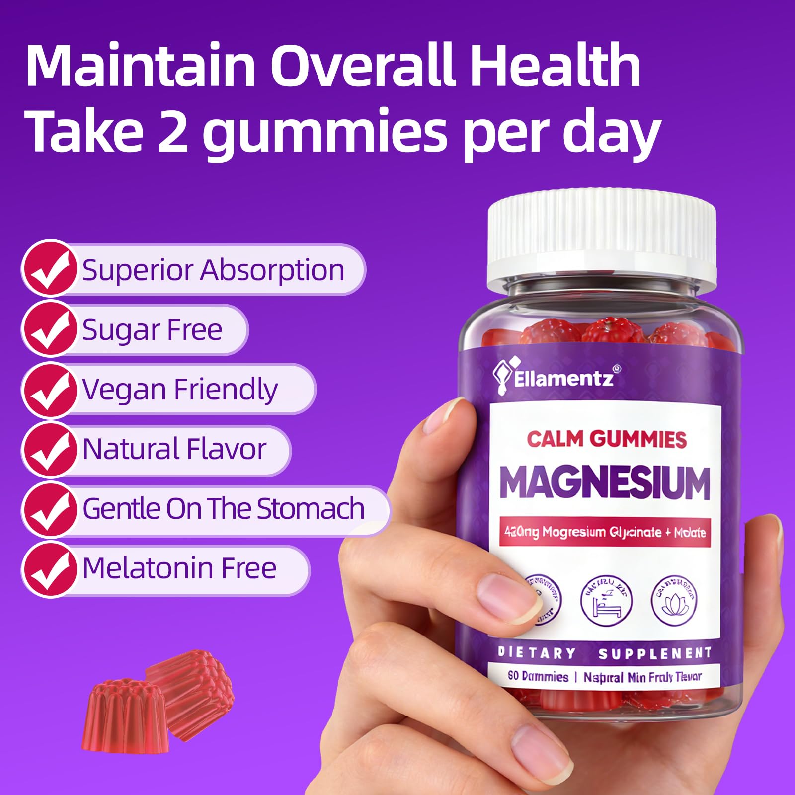 ELLAMENTZ Magnesium Glycinate Gummies ingredients panel lists L-Theanine and Ashwagandha for calm mindset