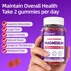 ELLAMENTZ Magnesium Glycinate Gummies ingredients panel lists L-Theanine and Ashwagandha for calm mindset