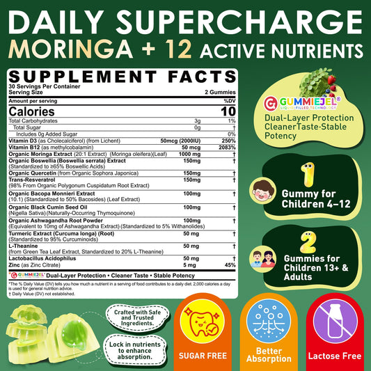 Ellamentz Moringa Gummies close-up shows sugar-free berry chew texture