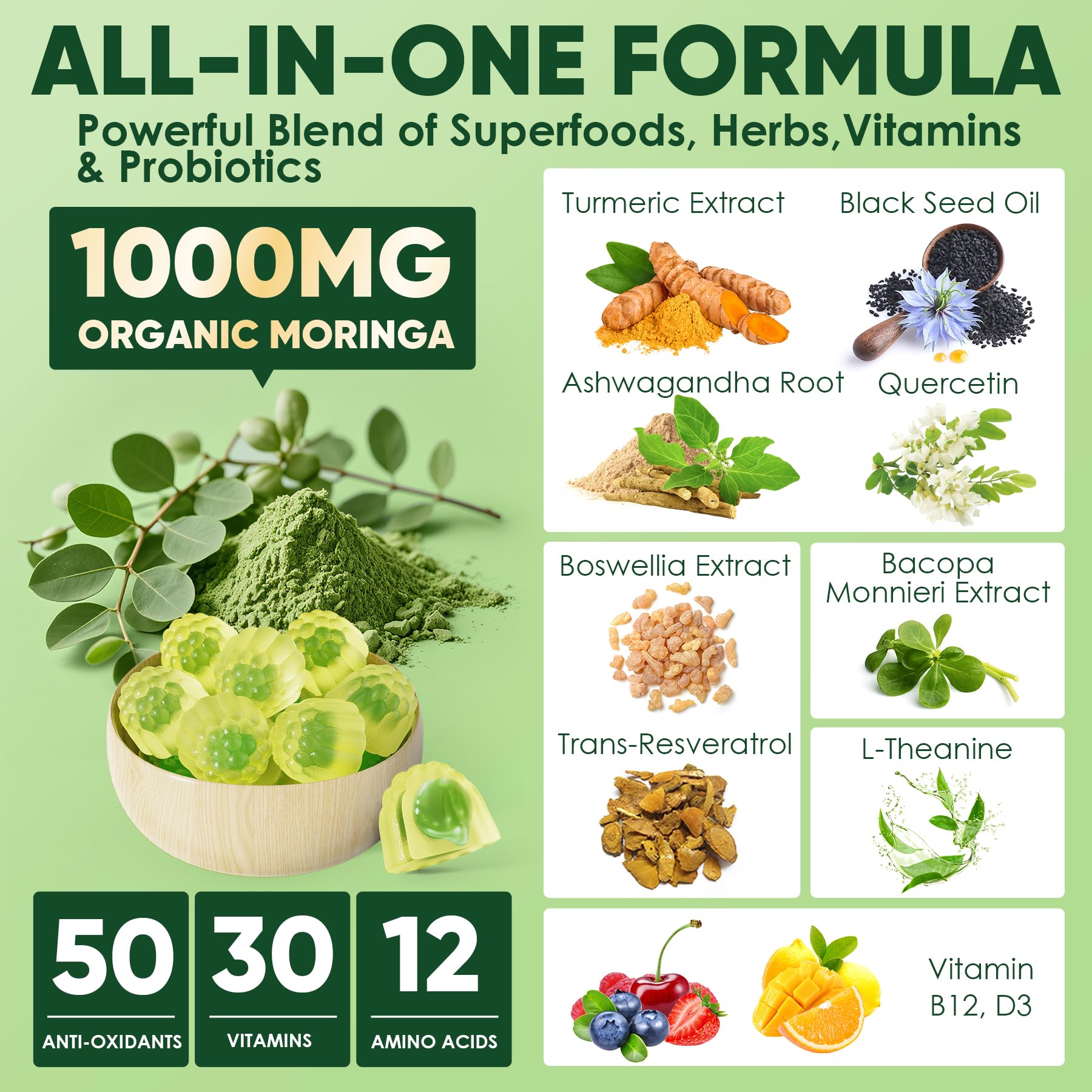 Ellamentz Moringa Gummies daily-dose display indicates 1000mg moringa intake