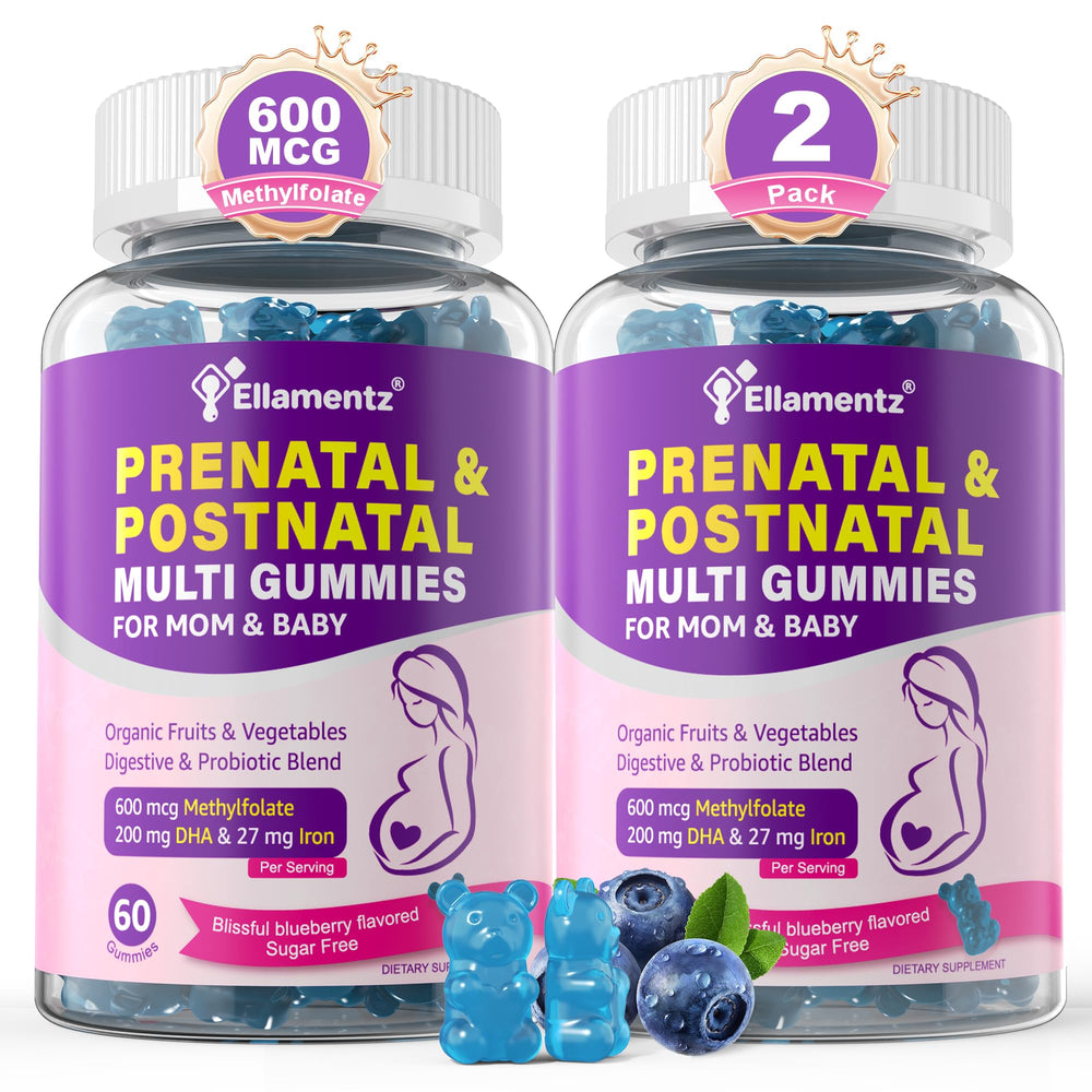 ELLAMENTZ prenatal gummies bottle overview showing comprehensive nutrition for mom and baby support.