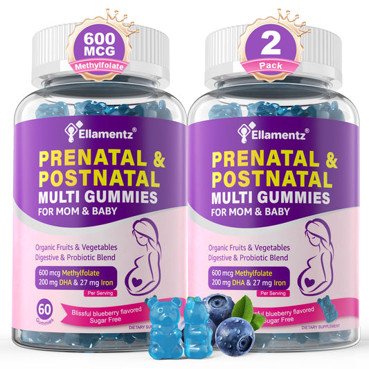 ELLAMENTZ prenatal gummies bottle overview showing comprehensive nutrition for mom and baby support.