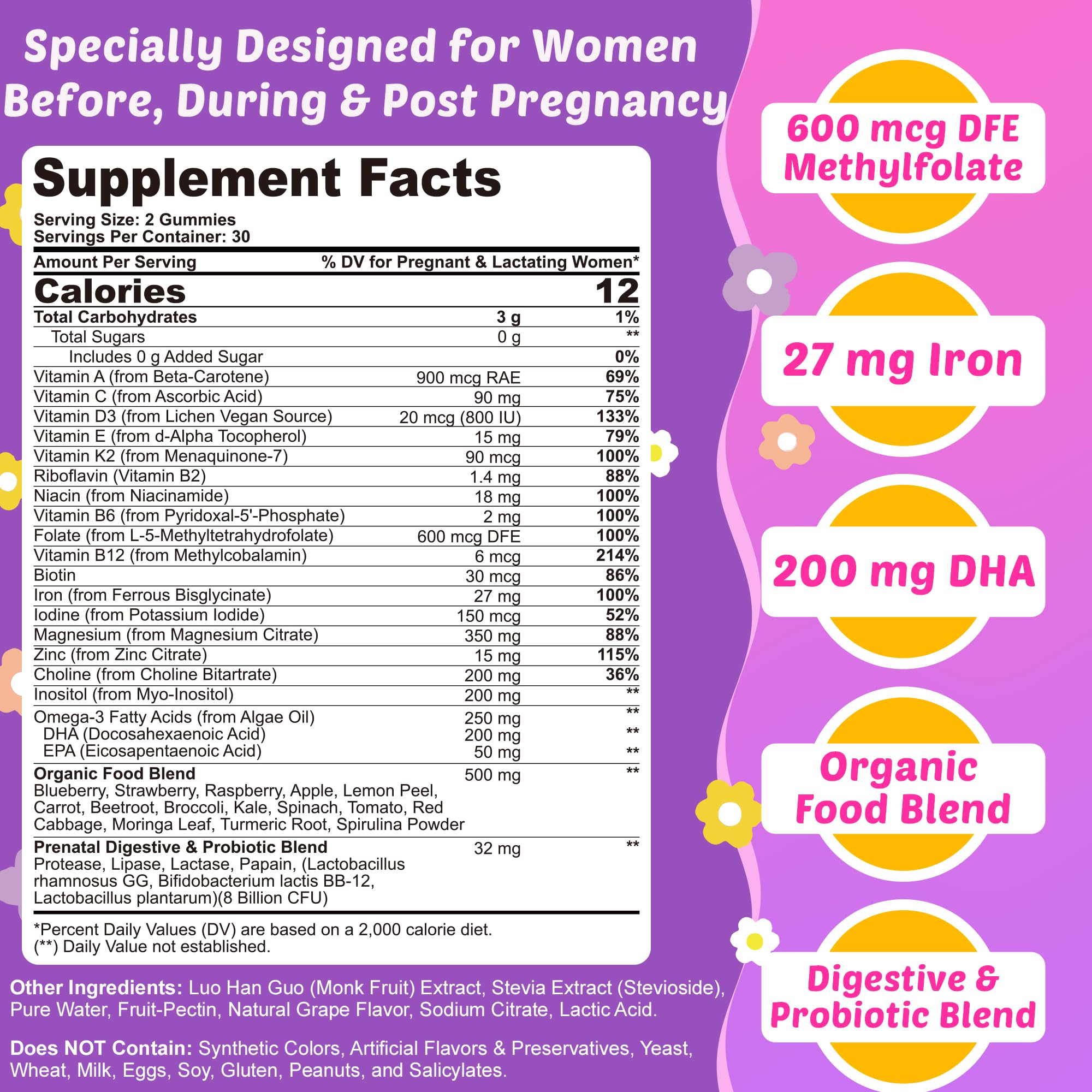 ELLAMENTZ prenatal gummies closeup blueberry flavor offers tasty, sugar-free support.