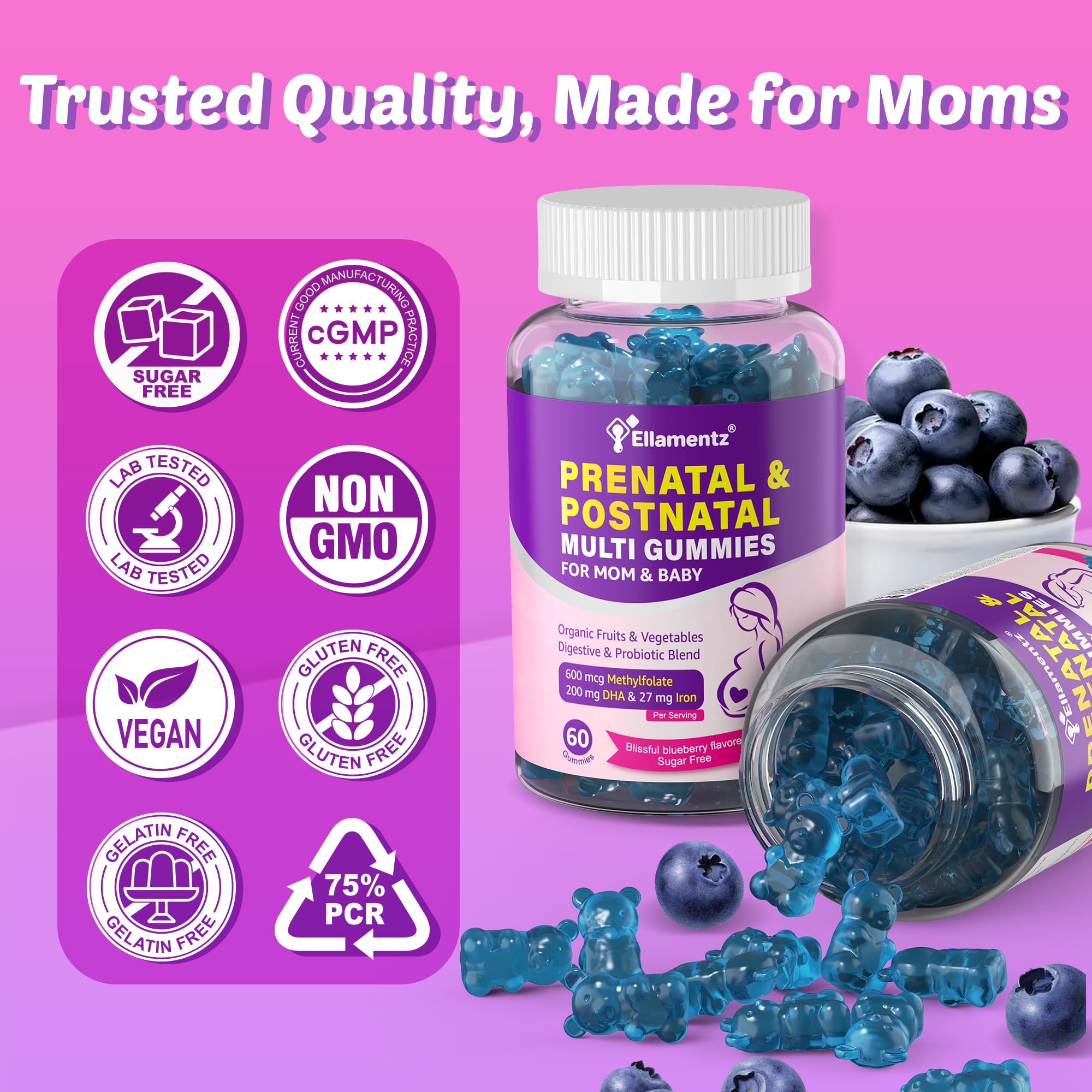 ELLAMENTZ sugar-free gummies with monk fruit, no aftertaste.