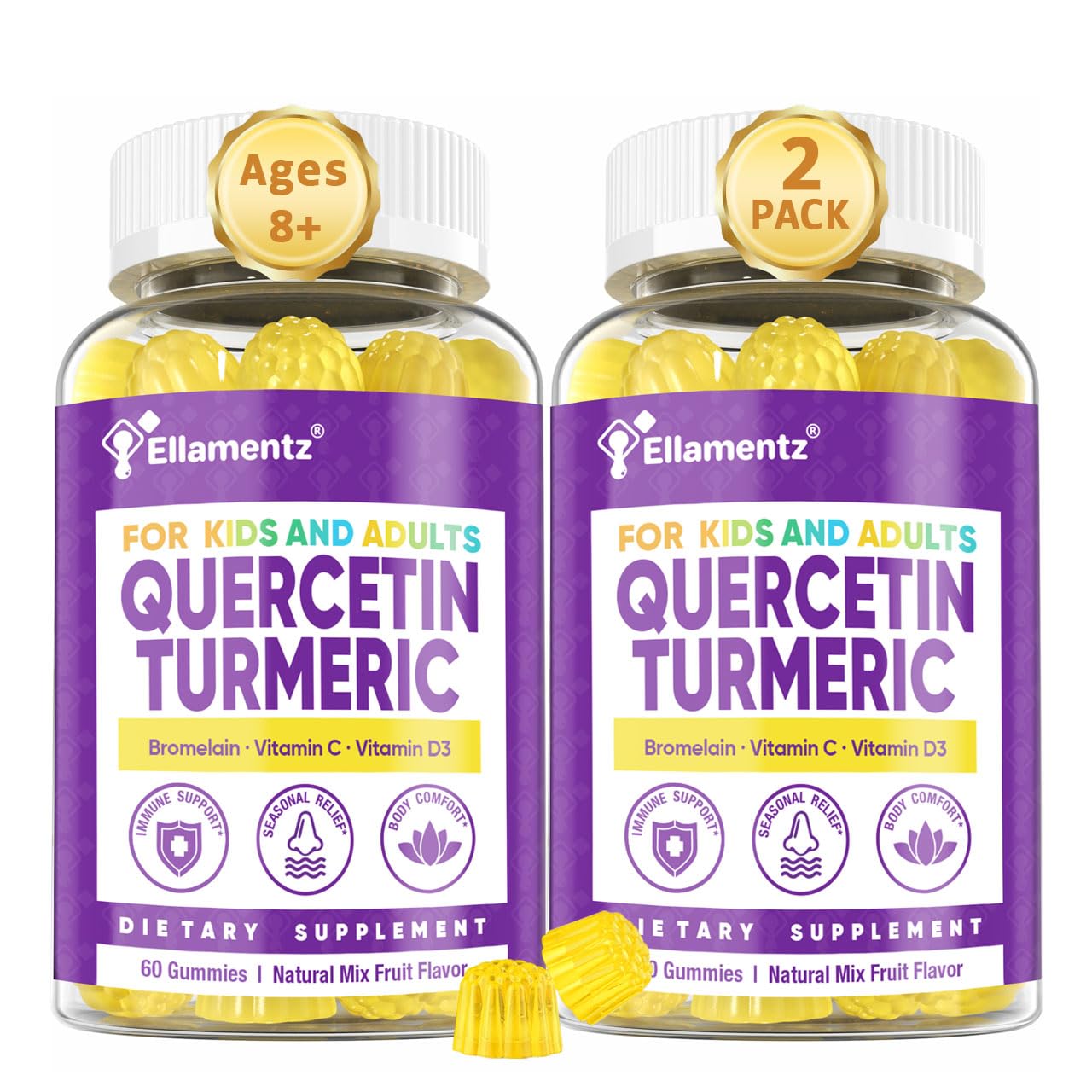 ELLAMENTZ Quercetin Gummies bottle highlighting 1000mg quercetin for daily immune support