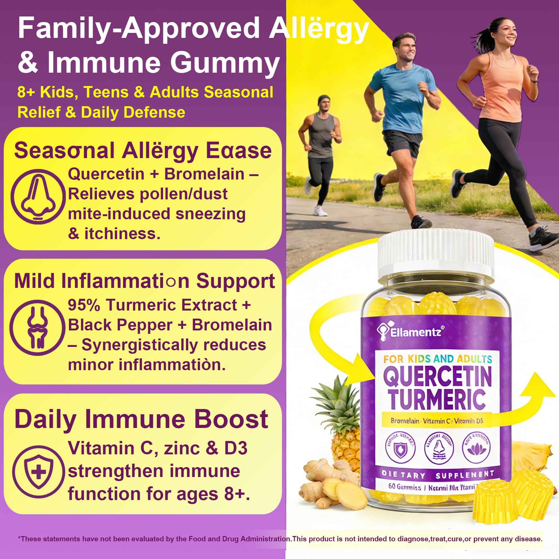 ELLAMENTZ Quercetin Gummies ingredients panel close-up with bromelain and turmeric