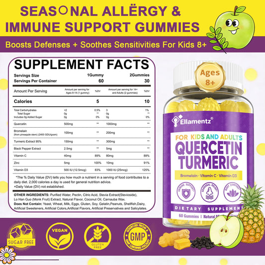 ELLAMENTZ Quercetin Gummies poured to show easy daily use for joint comfort