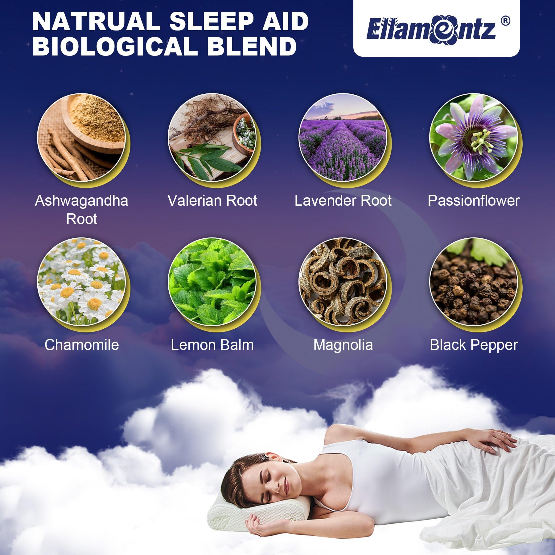 ELLAMENTZ Sleep Gummies label highlighting L-Tryptophan and melatonin-free formula.
