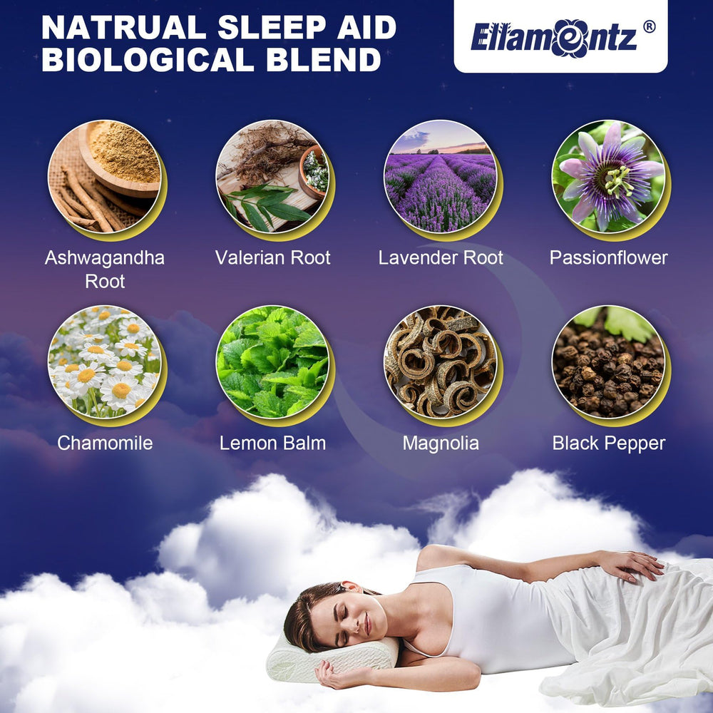ELLAMENTZ Sleep Gummies label highlighting L-Tryptophan and melatonin-free formula.
