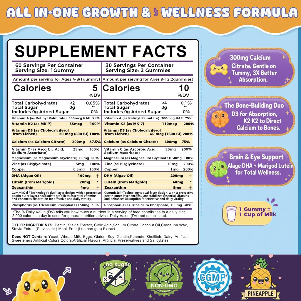 ELLAMENTZ Sugar-Free Kids Calcium Gummies bottle closeup highlights calcium and D3