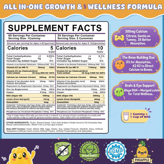 ELLAMENTZ Sugar-Free Kids Calcium Gummies bottle closeup highlights calcium and D3