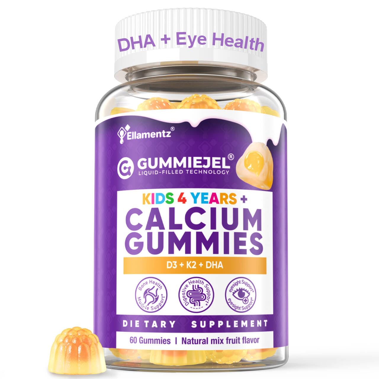 ELLAMENTZ Sugar-Free Kids Calcium Gummies bottle supports bone health for 4–12 year olds