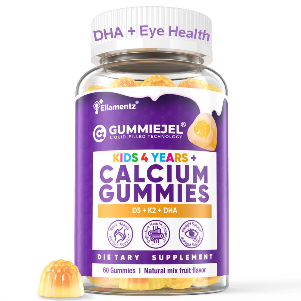 ELLAMENTZ Sugar-Free Kids Calcium Gummies bottle supports bone health for 4–12 year olds