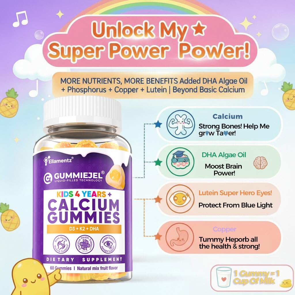 ELLAMENTZ Sugar-Free Kids Calcium Gummies serving pile illustrates a kid-friendly daily wellness routine