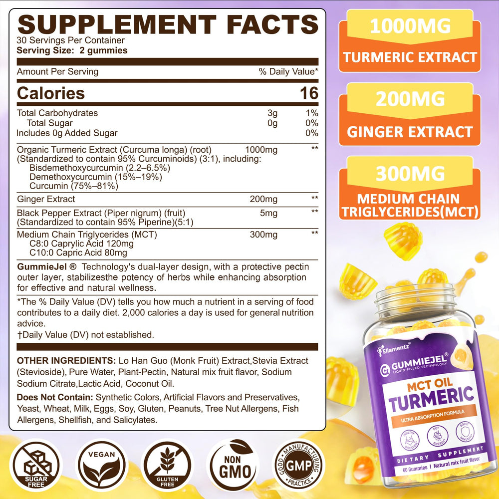 ELLAMENTZ turmeric gummies close-up shows vibrant orange color for absorption