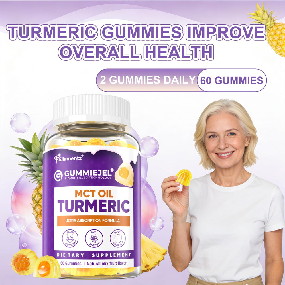 ELLAMENTZ packaging of turmeric gummies with size and serving details