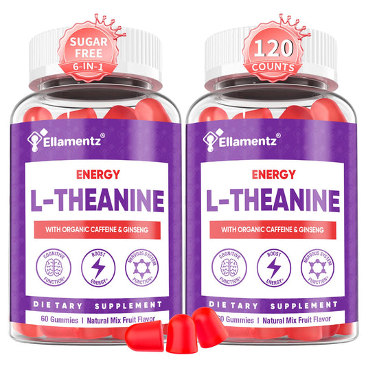 ELLAMENTZ Vegan L-Theanine Gummies front label highlights sugar-free caffeine blend for clean focus.