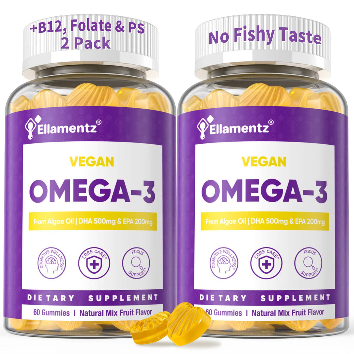 ELLAMENTZ Vegan Omega 3 Gummies bottle shot for daily brain and eye support.