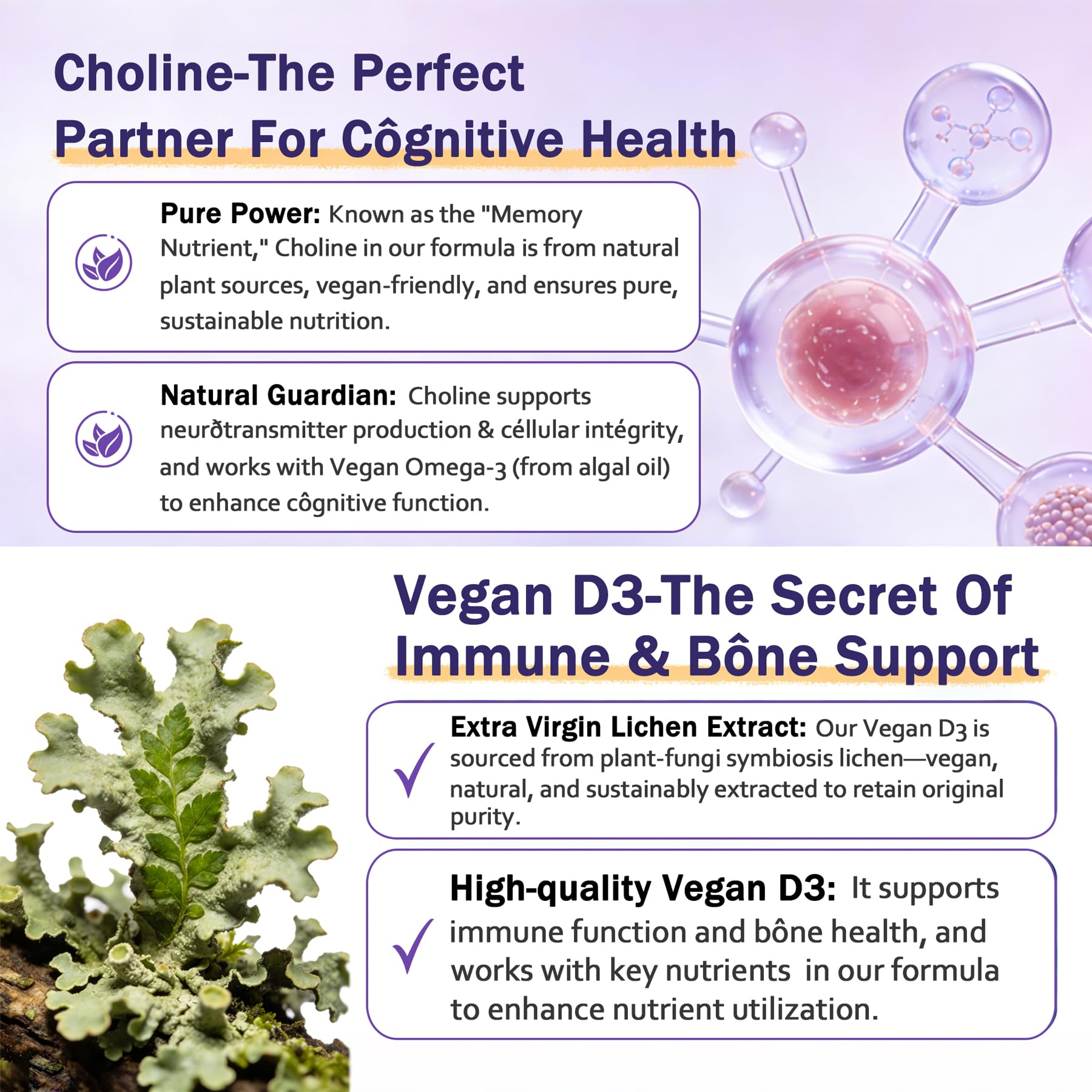 ELLAMENTZ Vegan Omega 3 Gummies nutrition label showing DHA, EPA and D3.