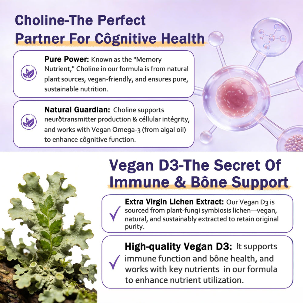 ELLAMENTZ Vegan Omega 3 Gummies nutrition label showing DHA, EPA and D3.