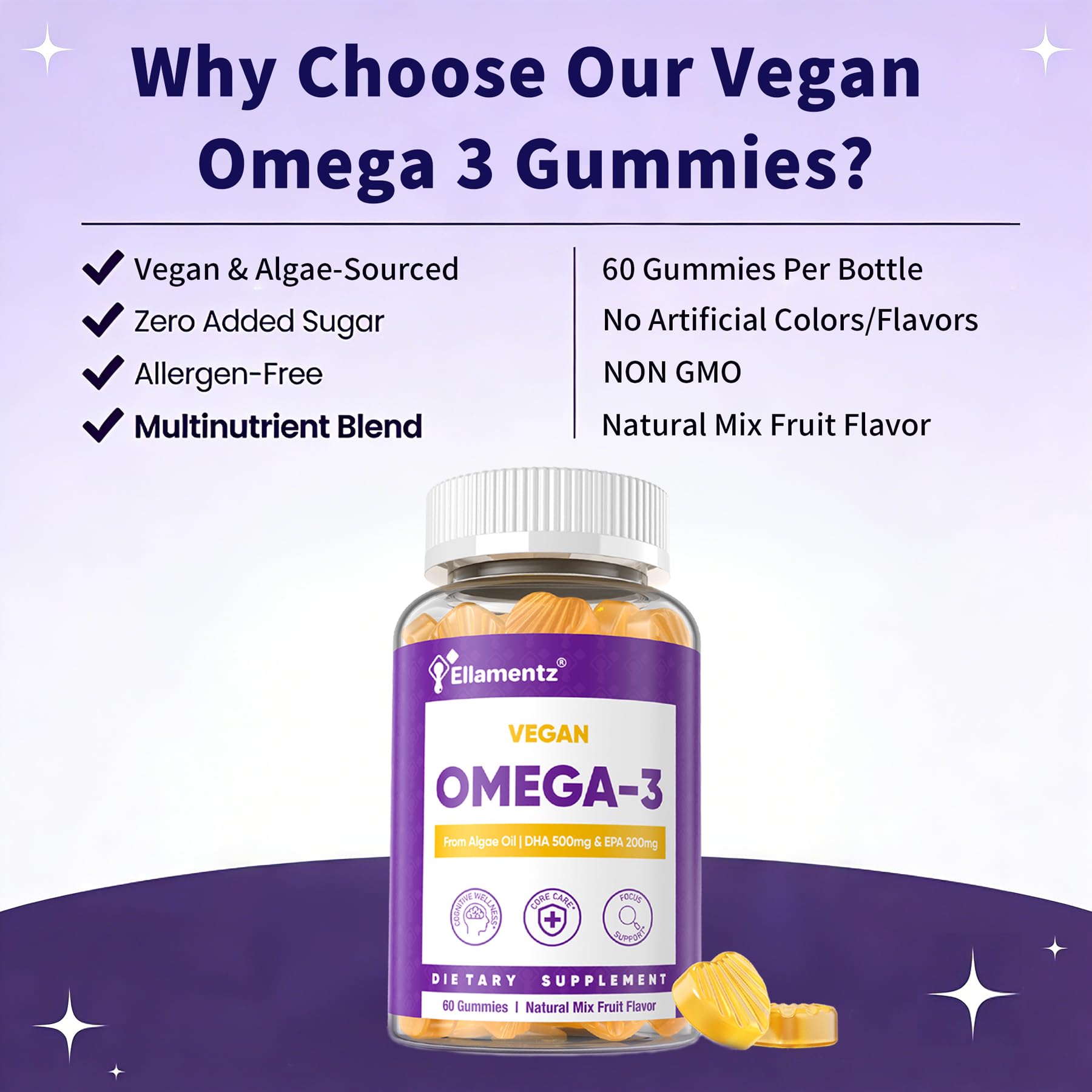 ELLAMENTZ Vegan Omega 3 Gummies sugar-free seal emphasizing monk fruit and stevia.