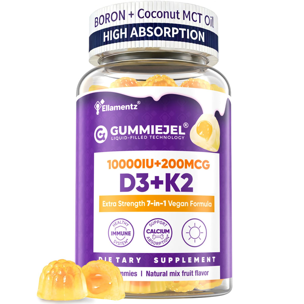 ELLAMENTZ Vitamin D3 K2 gummies bottle showing ultra-absorption for bones