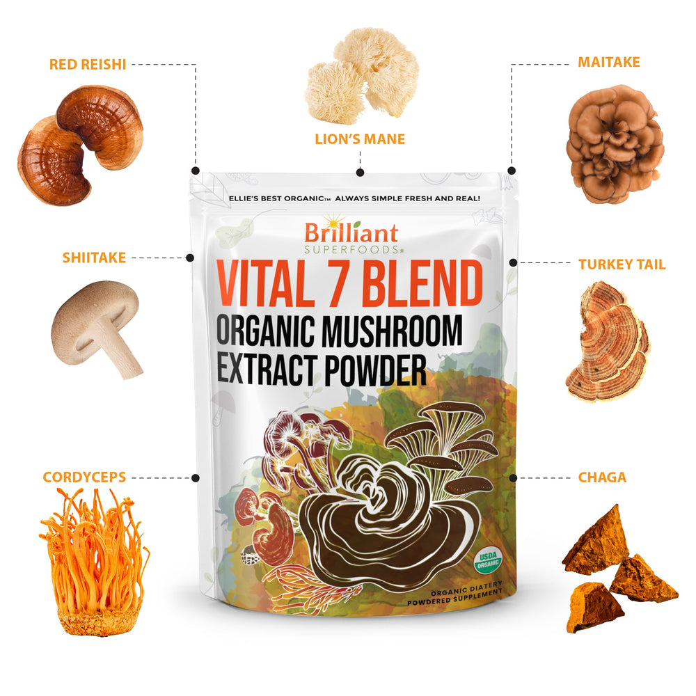 Ellie's Best 7 Mushroom Extract front label with organic blend