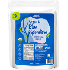 Ellie's Best blue spirulina powder in a 3 lb bulk package showing vibrant indigo color.