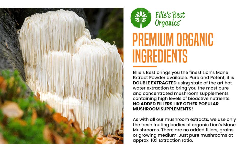 Ellie's Best organic Lions Mane packaging shows certification badge for trusted quality