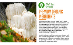 Ellie's Best organic Lions Mane packaging shows certification badge for trusted quality