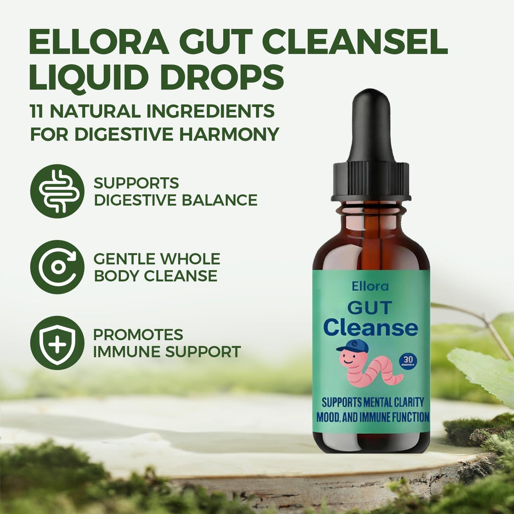 Ellora Gut Cleanse Drops dropper close-up ready for easy dosing in water.
