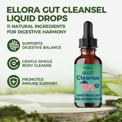 Ellora Gut Cleanse Drops dropper close-up ready for easy dosing in water.
