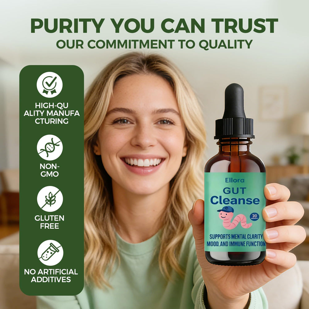 ELLORA bottle label showing vegan and non-GMO badges for clean ingredients.
